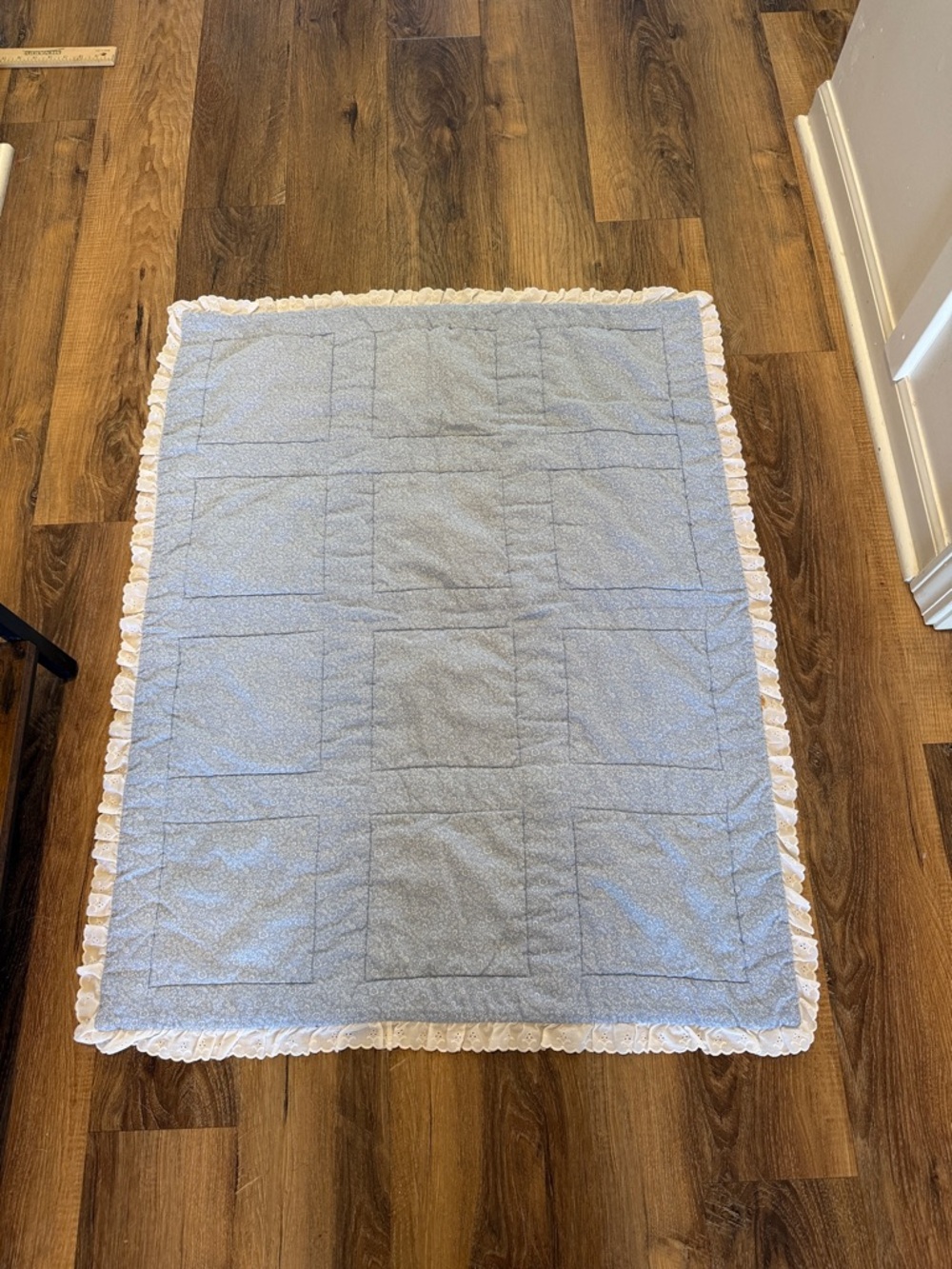 Blue Teddy Bear Patchwork Baby Quilt with Lace Trim - Picture 3 of 6